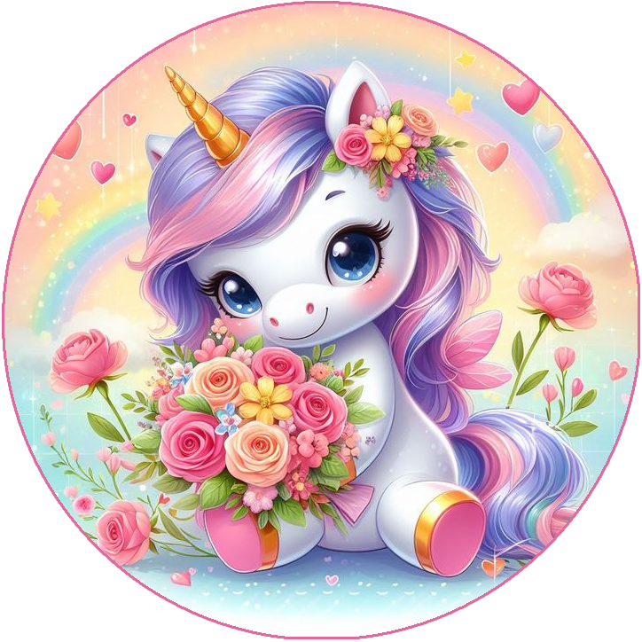 tendre licorne avec son bouquet de fleur